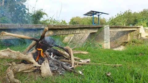 Rural Campfire Burning Tree Roots Near Concrete Bridge (Elemental/Ignis Subject) Vídeos de archivo 240386391