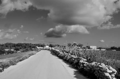 Rural Countryside Road with Dramatic Clouds in Black and White Stock Photos