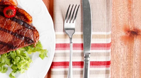 Rural design new york meat style beef steak fillet on white plat Vídeos de archivo 50972726