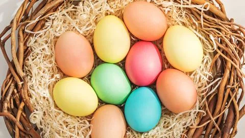 Rural Easter composition with colorful eggs in the nest Stock Photos