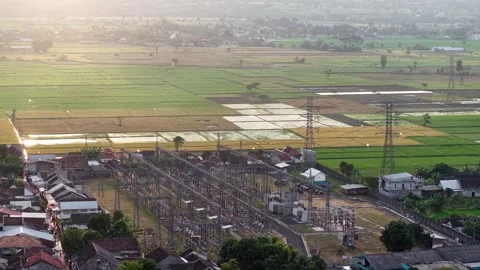 Rural Electrical Substation Overlooking Patchwork Rice Paddy Fields Stock Footage 346919162