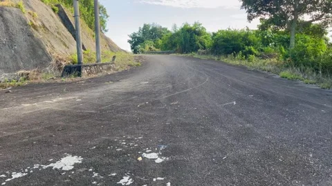 Rural Empty Paved Pathway Surrounded by Green Vegetation Under a Blue Sky Stock Footage 311086634