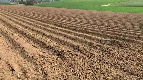 Rural field with tractor lines and green hills in background Stock Footage 320406565