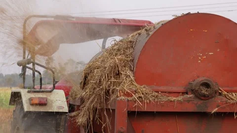Rural Hay Processing with Red Thresher Stock Footage 311719828