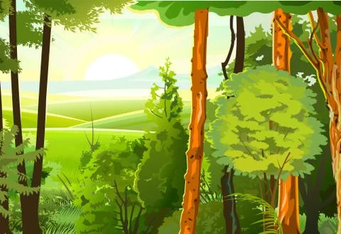 Rural hills. Landscape with trees. Vector. Pasture grass for cows and a place Stock Illustration