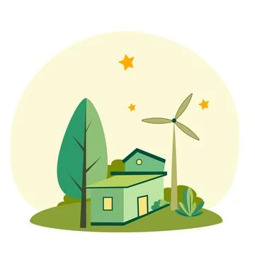 Rural house with eco system from windmill clean energy Stock Illustration
