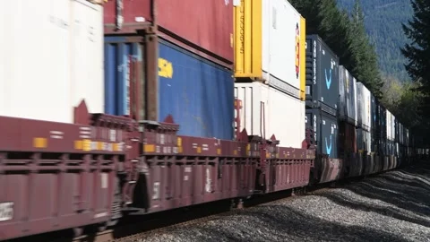 Rural intermodal container freight train passing in closeup 스톡 동영상 295575611