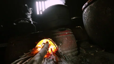 Rural Kitchen with Ancient Stove with Epic Smokey Window and Fire Flame Stock Footage 150896151
