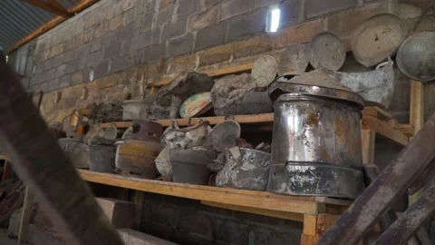 Rural kitchen elements burnt out due to volcanic eruption in Southeast Asia Stock-Footage 236891203