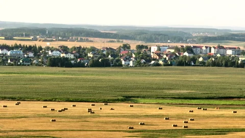 Rural landscape, drone view. Haystack and Hay in rolls at field. Stock Footage 220097663