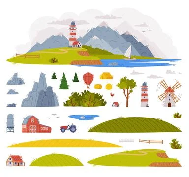 Rural Landscape Elements with Mountain, Field and Windmill Vector Set Illustrazione stock