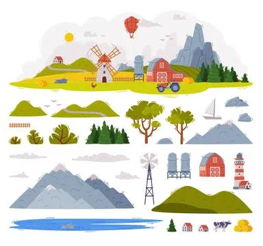 Rural Landscape Elements with Mountain, Field and Windmill Vector Set Stock Illustration