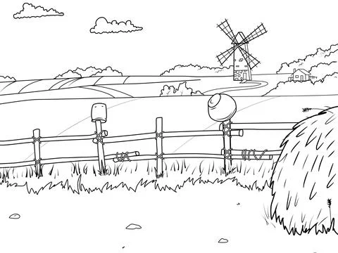 Rural landscape, field and haystack. Children coloring book. Stock Illustration