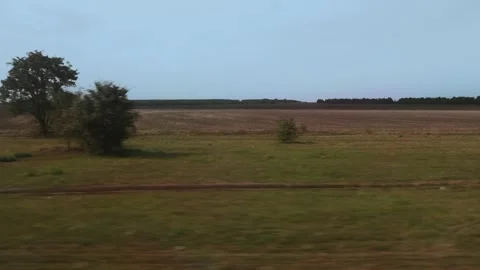 Rural landscape with fields and trees seen from a train window. Moving view of Stock Footage 318907353