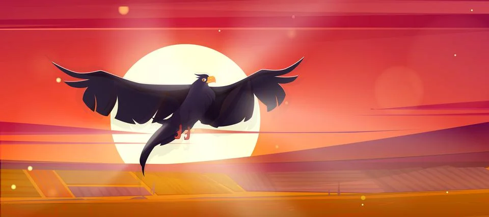 Rural landscape with flying raven at sunset Stock Illustration