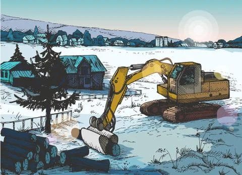 Rural landscape in graphical style, imitating the engraving. Hand drawn and Stock Illustration