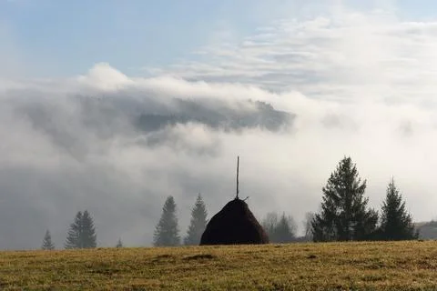 Rural landscape with a haystack Stock Photos