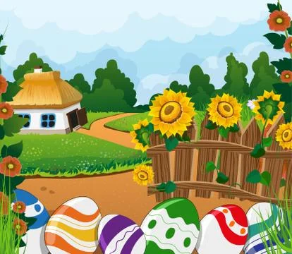 Rural landscape with house and painted Easter eggs 스톡 일러스트