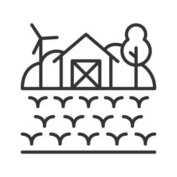 Rural landscape icon in line design. Farm, agriculture, barn, windmill, field Stock Illustration