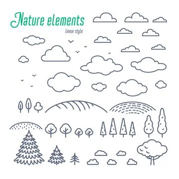 Rural landscape line elements. Vector line illustration of the countryside icons 스톡 일러스트