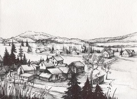 Rural landscape with old farmhouse and garden. Hand drawn Artistic illustration Stock Illustration