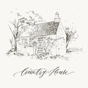 Rural landscape with old farmhouse and garden. Hand drawn illustration. Vector Stock Illustration