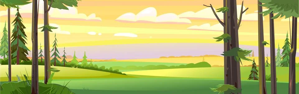 Rural landscape panorama. View of fields, vegetable garden and meadow hills イラスト素材
