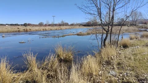 Rural landscape with a river flowing through the countryside Stock Footage 340326275