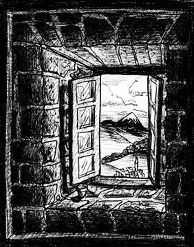 Rural landscape seen from an open window in Spain Stock Illustration