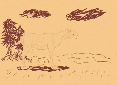 Rural Landscape with a Sheep Stock Illustration