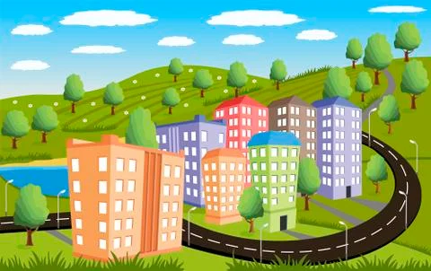 Rural landscape with small town Stock Illustration