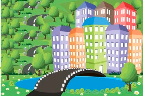 Rural landscape with small town Stock Illustration