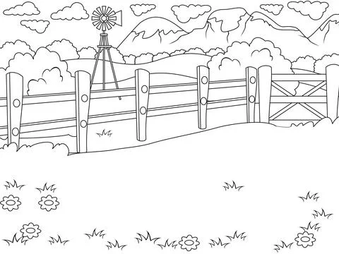 Rural landscape. Vector, page for printable children coloring book. Stock Illustration