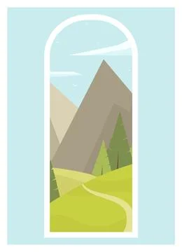 Rural landscape view with spring meadow. Mountains with clouds 2d flat art. A Stock Illustration