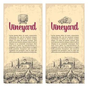 Rural landscape with villa, vineyard fields and hills. Vector engraving drawn Stock-Illustration
