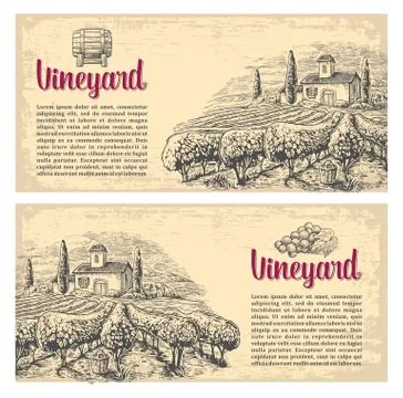 Rural landscape with villa, vineyard fields and hills. Vector engraving drawn Stock Illustration