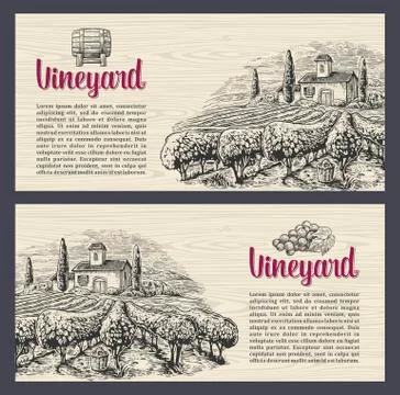 Rural landscape with villa, vineyard fields and hills. Vector engraving drawn イラスト素材