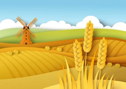 Rural landscape. Wheat fields, windmill, vector paper cut illustration. Field イラスト素材