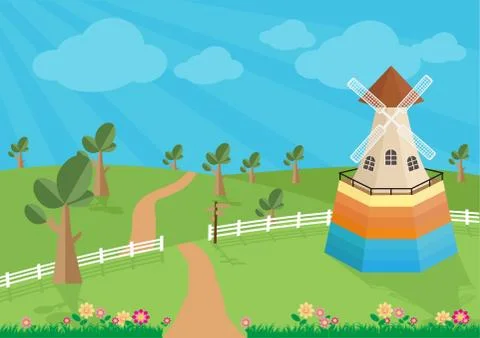 Rural landscape with windmill. Stock Illustration