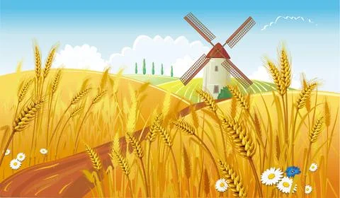 Rural landscape with windmill Stock Illustration