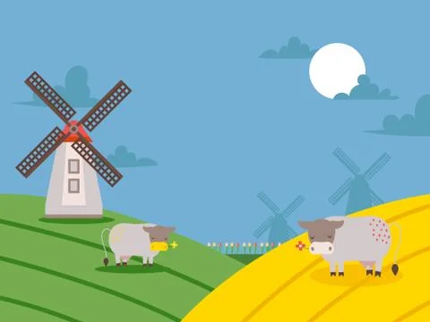 Rural landscape with windmills and fields, vector illustration. Countryside イラスト素材