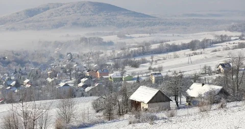 Rural landscape in winter. Field covered in snow. Video stock 84329405