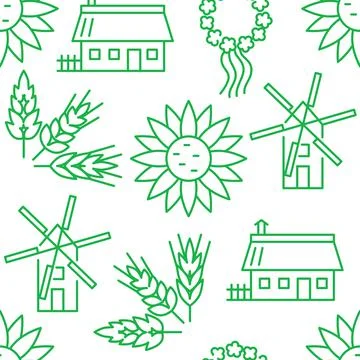Rural life seamless pattern in line style Illustrazione stock