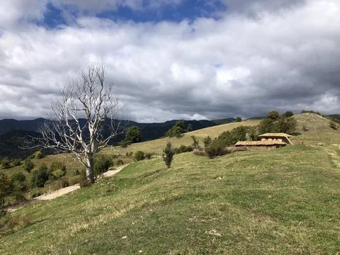 Rural mountain landscape, dramatic clouds and lone tree Foto stock