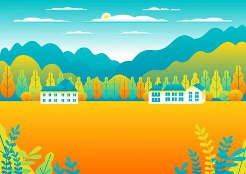 Rural or urban landscape outdoor. City or village in flat style design Countr Stock Illustration