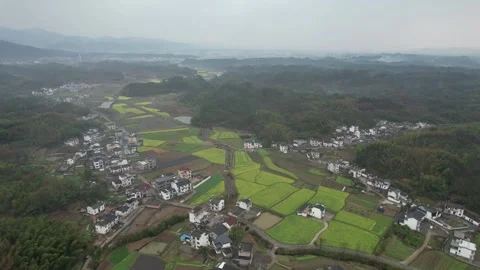 Rural Patchwork Fields And Winding River in Anhui, China Stock Footage 344038948