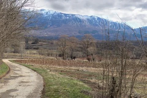 Rural path and mountain Suva Planina covered with snow Stock Photos