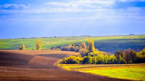 Rural path through hilly fields autumn landscape Stock Photos