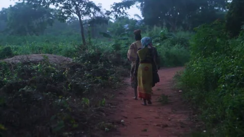 Rural people walking on the mud path passing through the forest Stock Footage 77451394