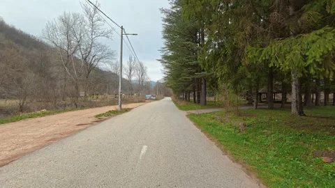 Rural road winds through green trees. Grza River Spring, Serbia Stock Footage 332374093
